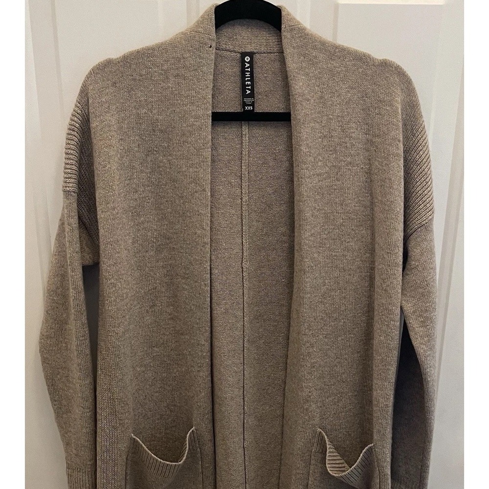 ATHLETA Spirit Wool Cashmere Wrap‎ Longline Cardigan Sweater Taupe Size XXS Cozy